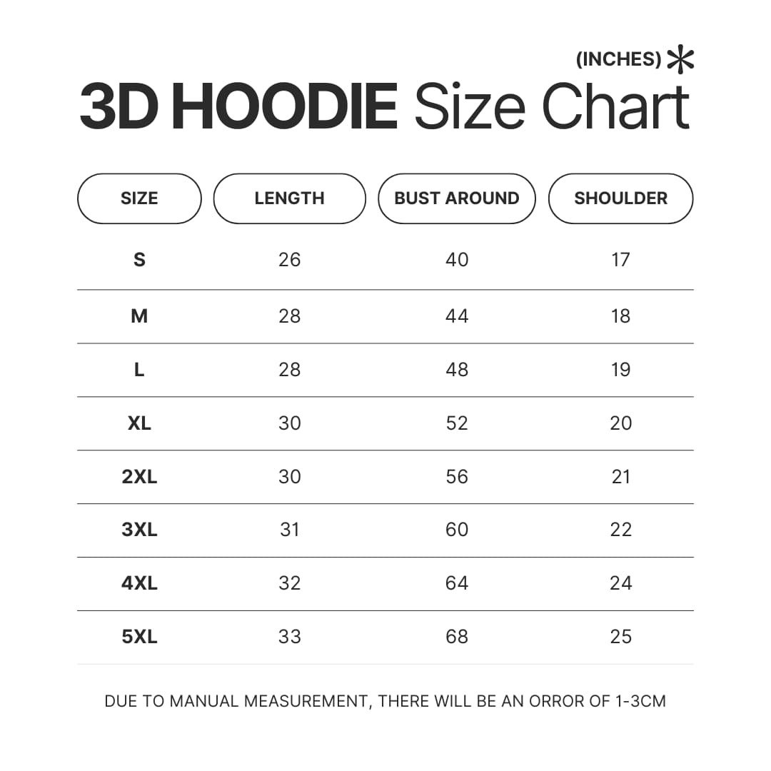 3D Hoodie Size Chart - Blue Lock UK Shop